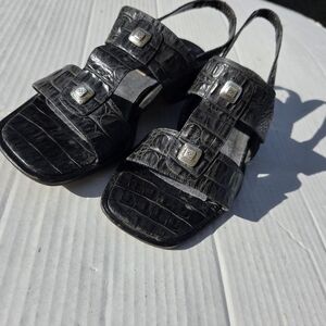 Brighton Y2K Black Square Toe‎ Sandals Leather 8.5M Croc Pattern